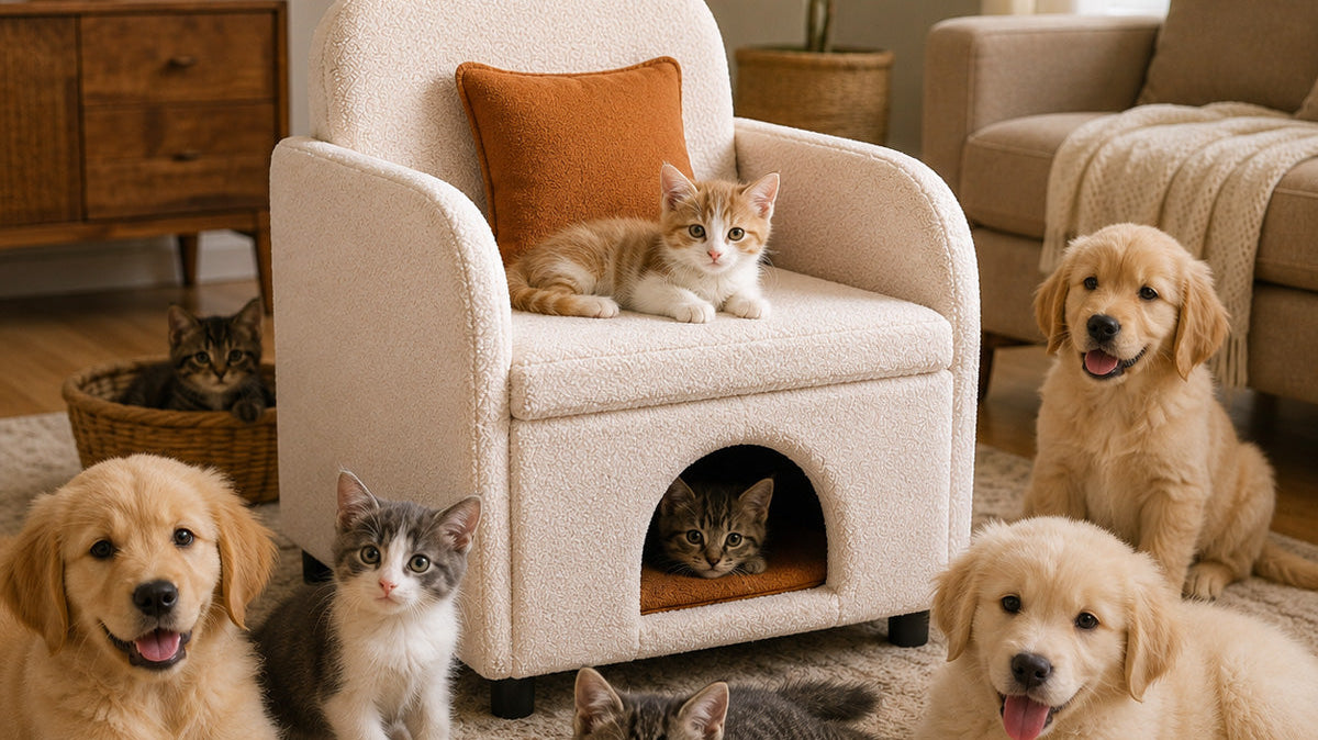 Cream sherpa pet-friendly accent armchair with hidden cat house and storage