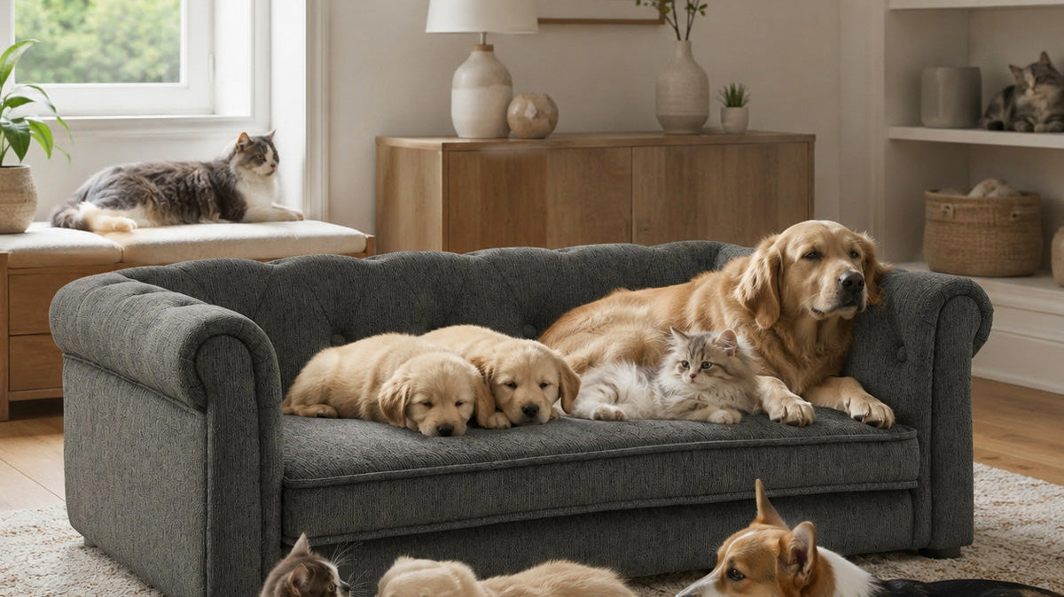 Chesterfield Pet Sofa, charcoal grey, tufted with zip-off washable cushion