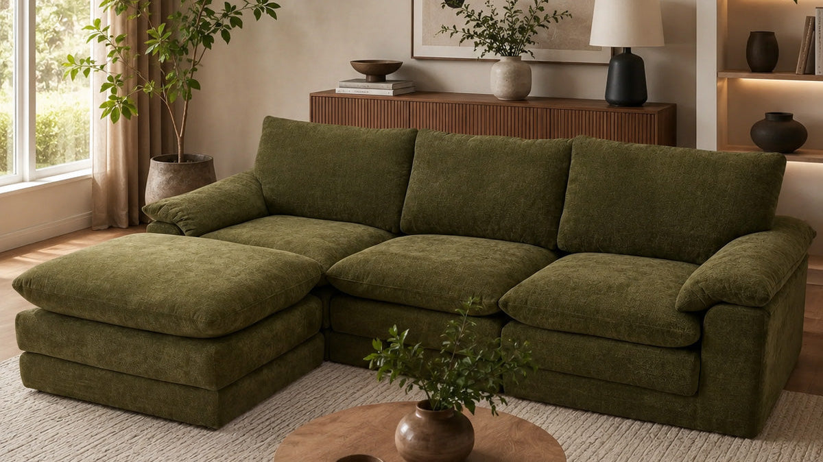 Cloud L-Shape modular sectional sofa with movable ottoman in olive green chenille