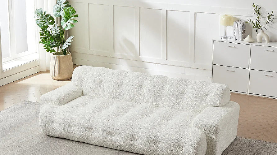 BelloBoucle compressed sofa shipped in a box, ready for quick US delivery