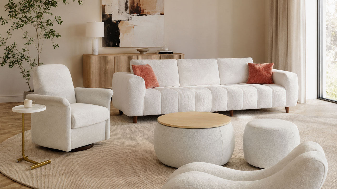 Modern cream living room set sized for a small apartment
