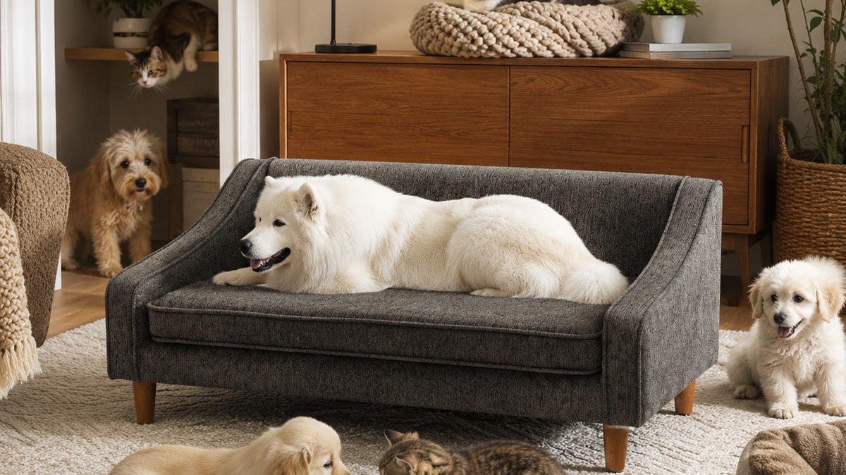 Modern Elevated Dog Sofa, a dog sleeping sofa built for medium and large dogs