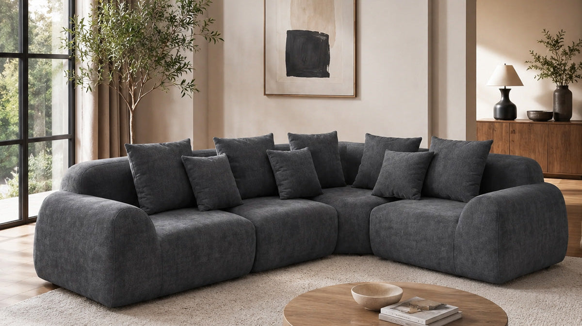 Oversized grey boneless cloud curved L-shape sectional sofa with deep seats