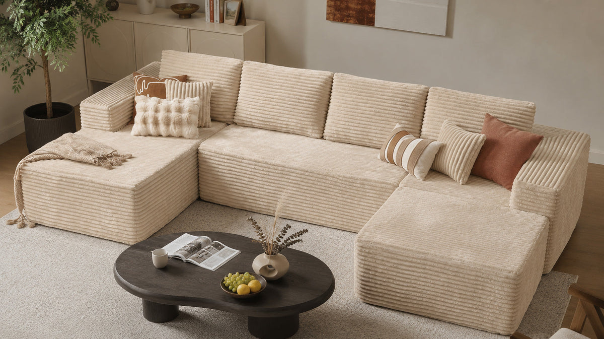 U-Shaped Cloud Compressed Couch — Modular Corduroy Sectional with Deep Seats & Removable Covers (US Stock)