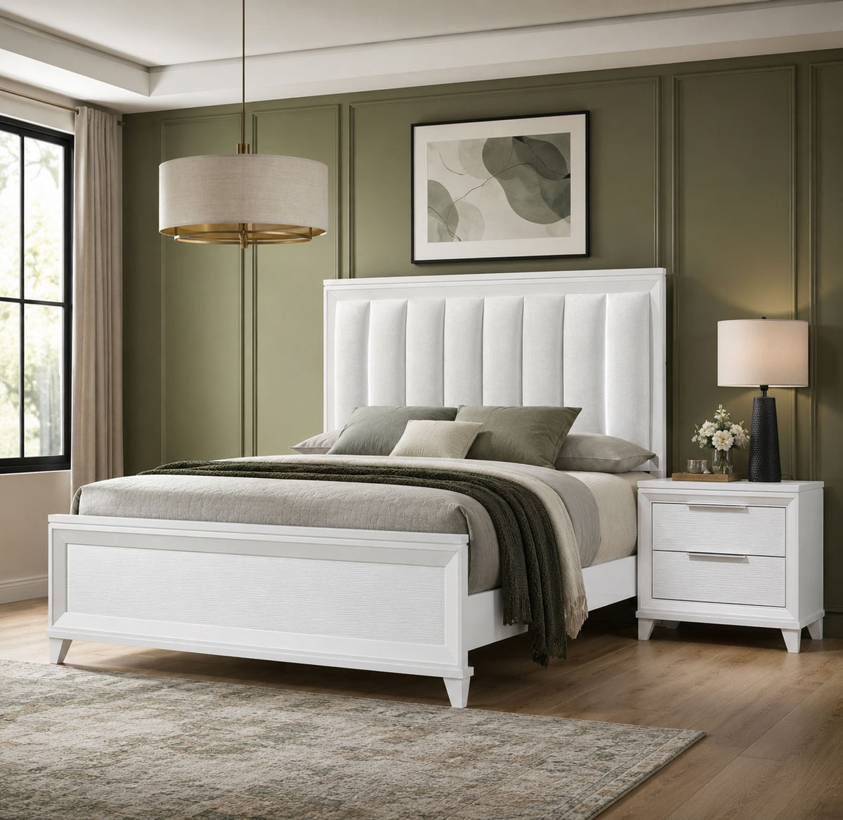 3-piece white queen bedroom set with LED channel-tufted headboard