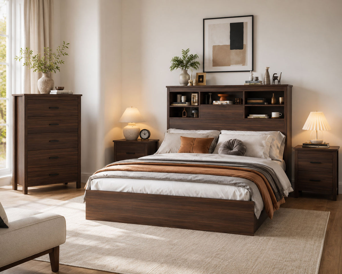 4-piece walnut queen bedroom set with charging-station bookcase headboard