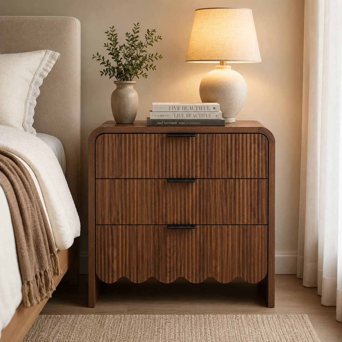 Wave fluted 3-drawer nightstand in walnut brown beside a bed