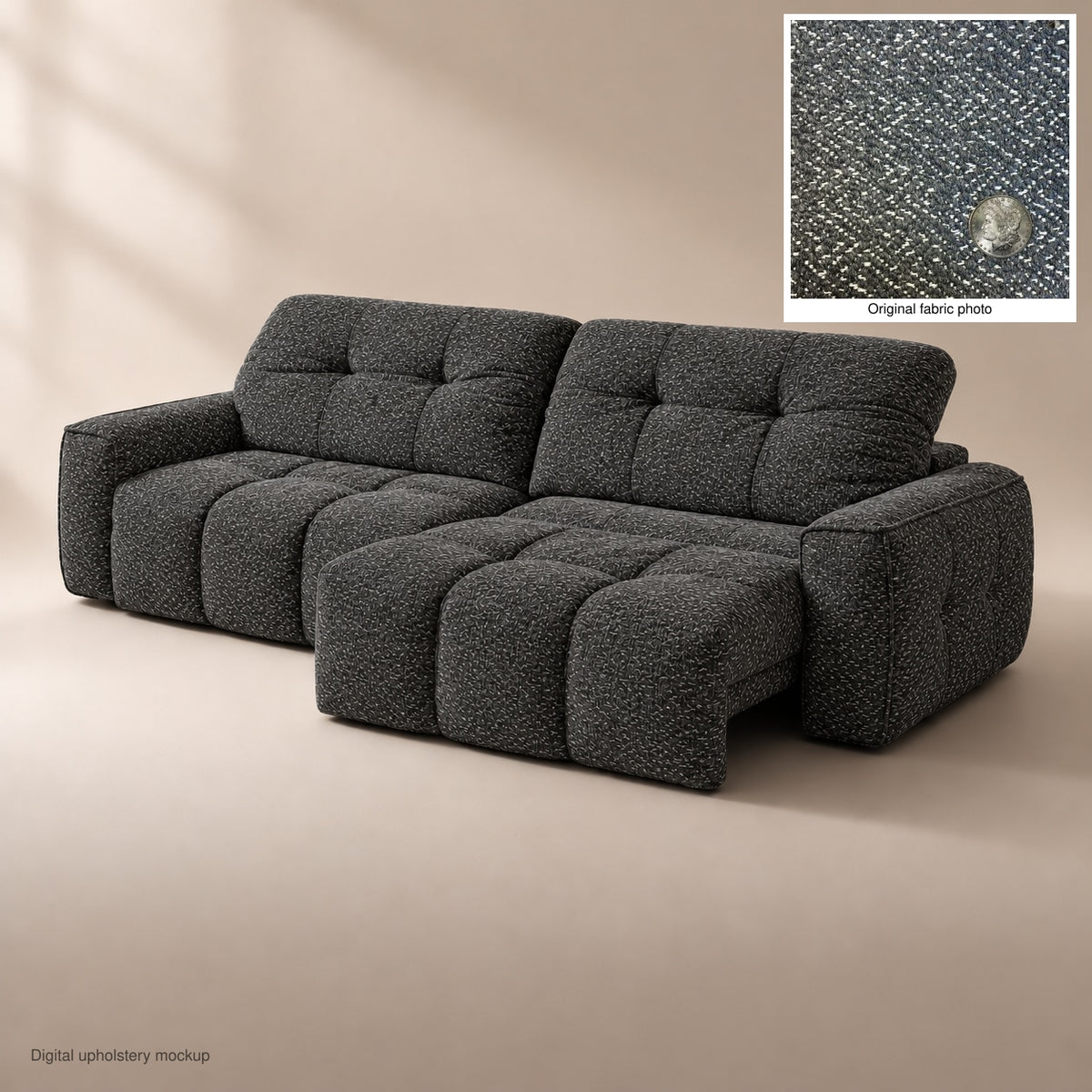 CloudNest colour preview — Graphite Fleck Weave PN08 — digital upholstery mockup with fine grey zigzag stitches and original uploaded fabric photograph