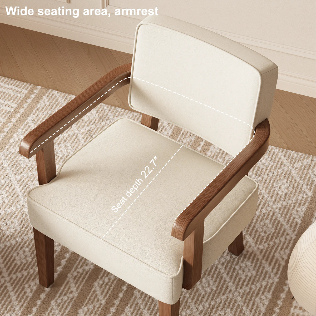 Armchair close-up of cushioned seat and curved wooden arm
