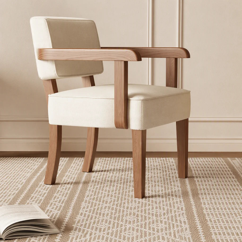 Armchair side view, walnut-tone frame
