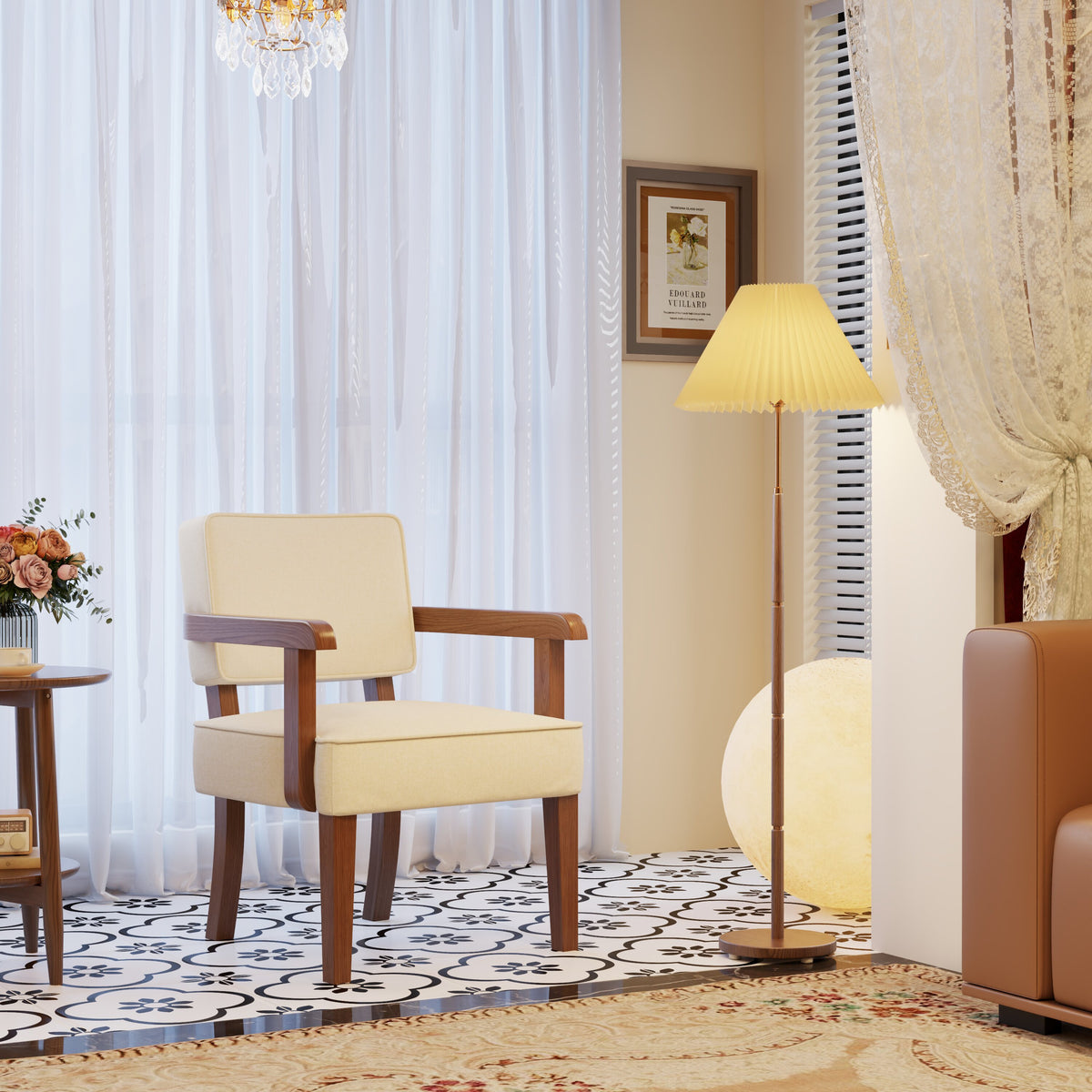 Mid-century armchair with walnut-tone frame and beige cushions