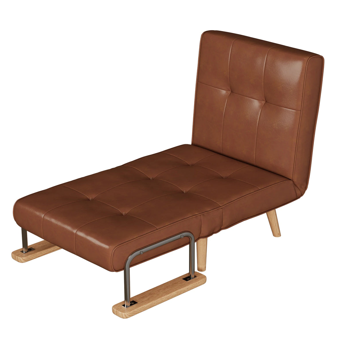 3-in-1 convertible sleeper chair in brown with natural wood arms, shown as a chaise
