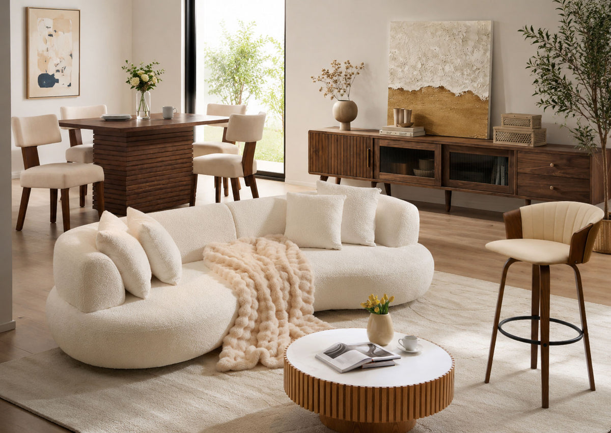 Light-luxury living and dining set with curved boucle sofa and walnut cabinet