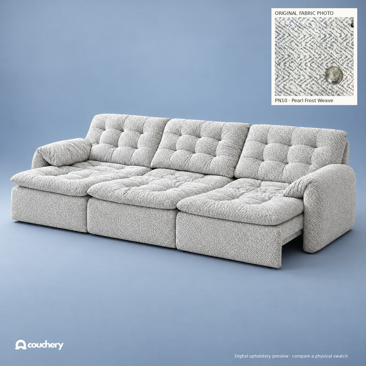 LumaNest colour preview — Pearl Frost Weave · Premium Natural Fabric PN10 · digital upholstery preview with original fabric photograph inset