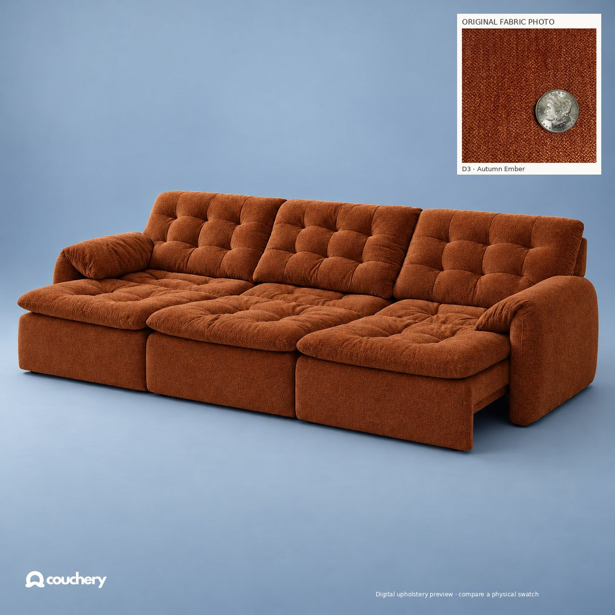 LumaNest Performance Diamond Autumn Ember D3 — digital colour preview with original fabric photograph inset