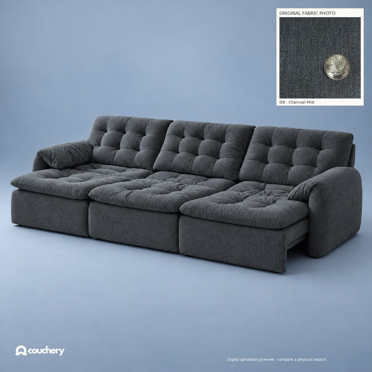 LumaNest Performance Diamond Charcoal Mist D8 — digital colour preview with original fabric photograph inset