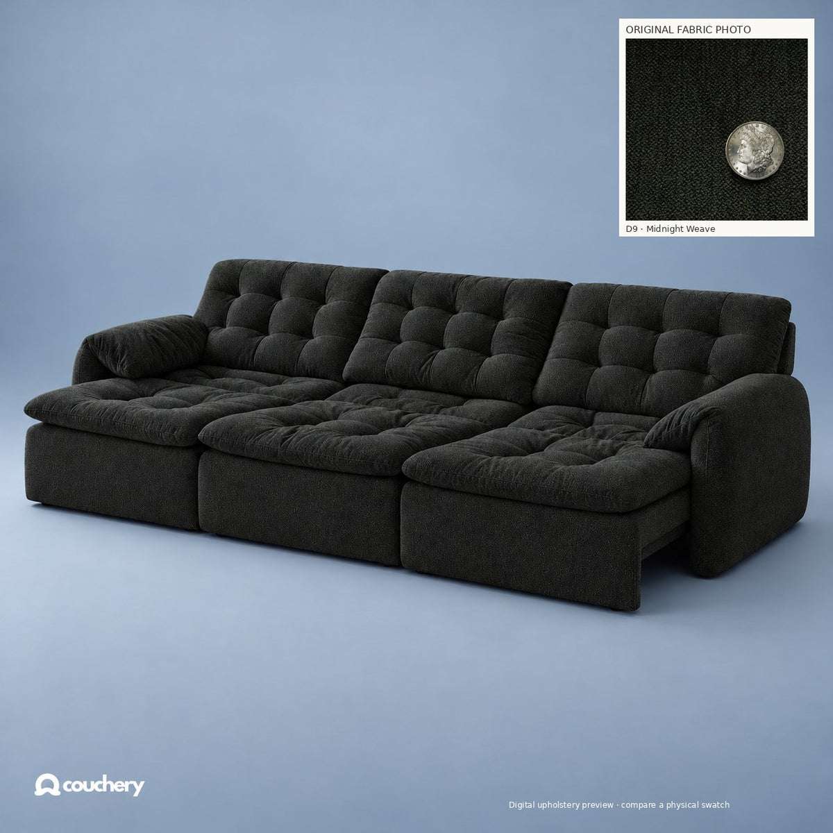 LumaNest Performance Diamond Midnight Weave D9 — digital colour preview with original fabric photograph inset