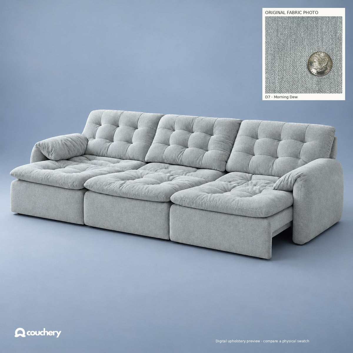 LumaNest Performance Diamond Morning Dew D7 — digital colour preview with original fabric photograph inset