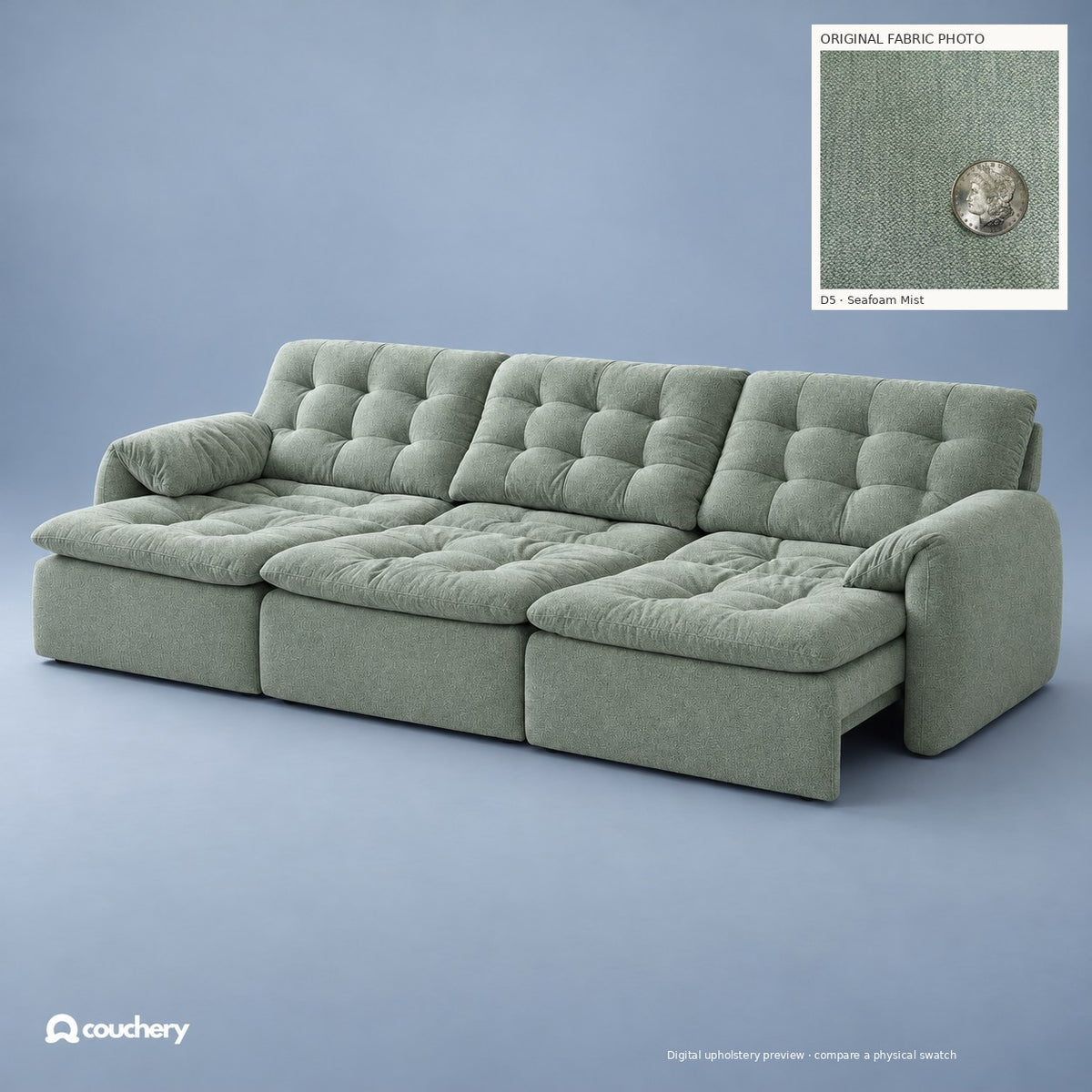 LumaNest Performance Diamond Seafoam Mist D5 — digital colour preview with original fabric photograph inset