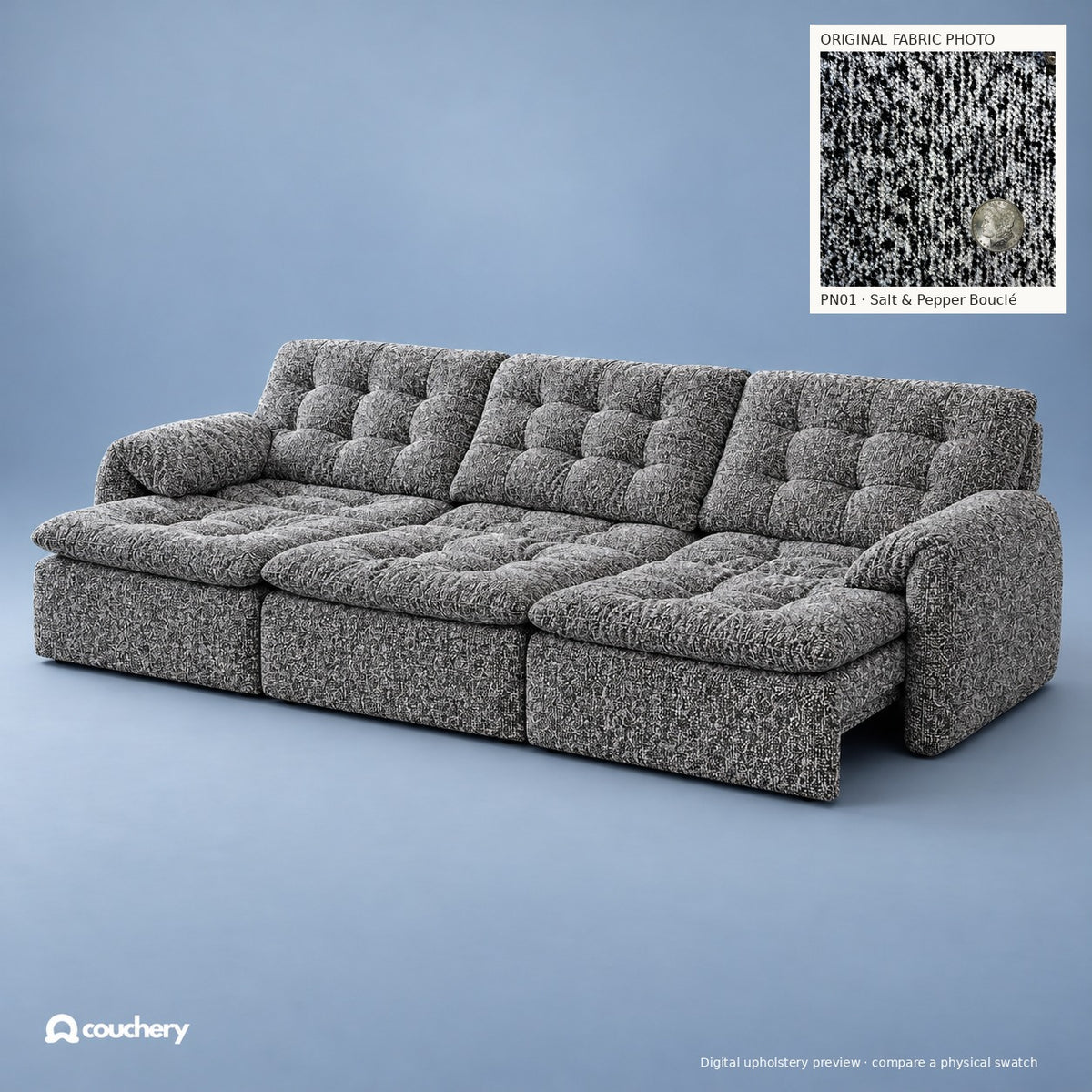 LumaNest colour preview — Salt & Pepper Bouclé · Premium Natural Fabric PN01 · digital upholstery preview with original fabric photograph inset