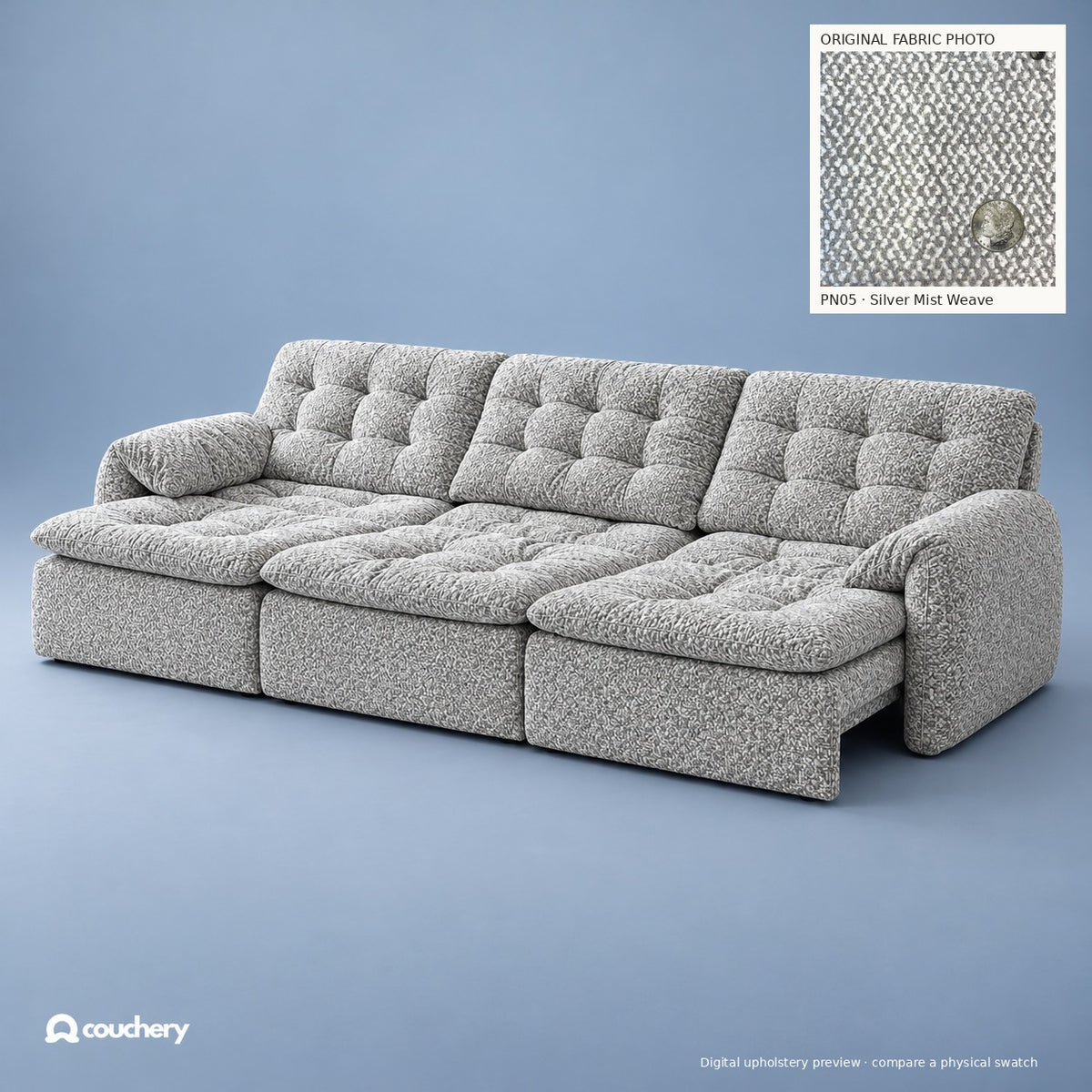 LumaNest colour preview — Silver Mist Weave · Premium Natural Fabric PN05 · digital upholstery preview with original fabric photograph inset