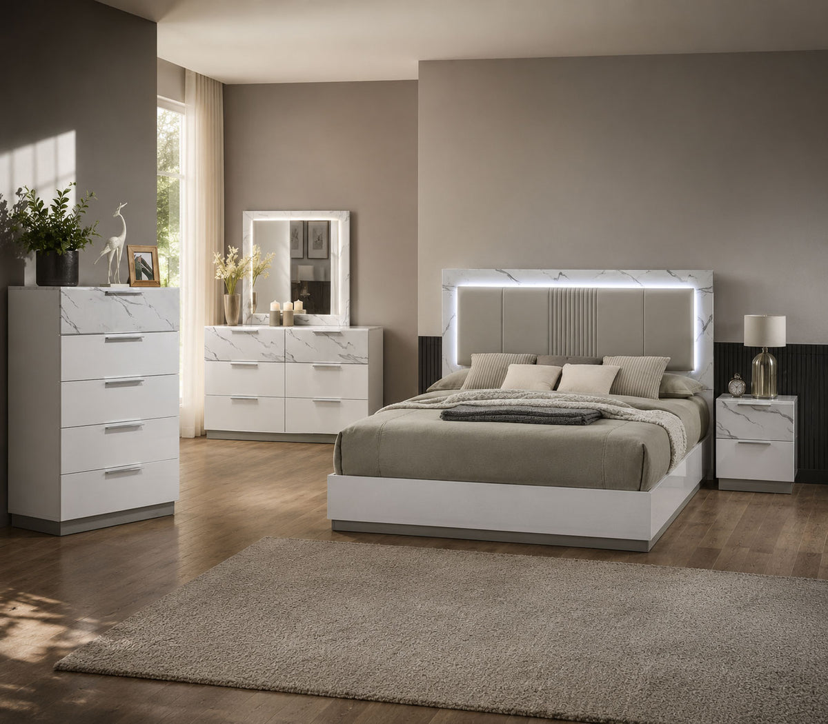 5-piece marble-effect white queen bedroom set with LED headboard