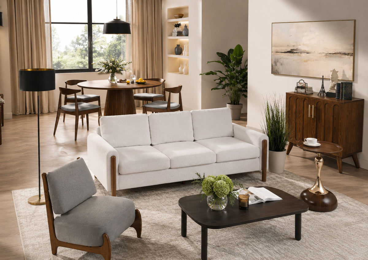 Mid-century walnut living and dining set with cream boucle sofa and floor lamp
