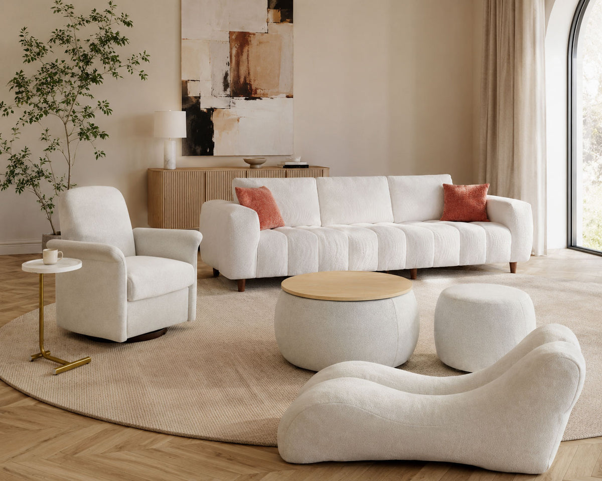 Modern cream living room set with channel-tufted sofa and swivel armchair
