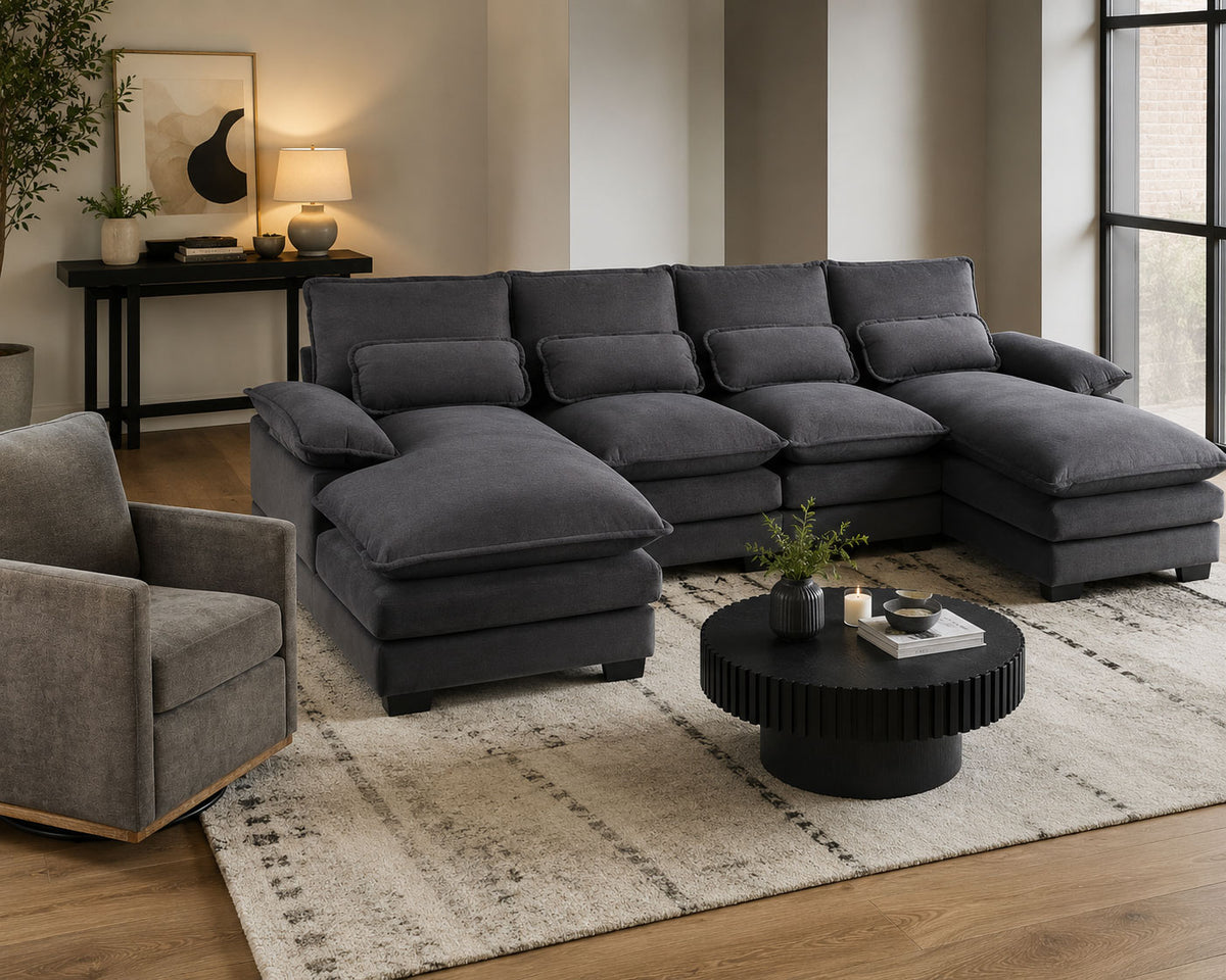 Modern living room set with U-shaped sectional sofa and swivel chair