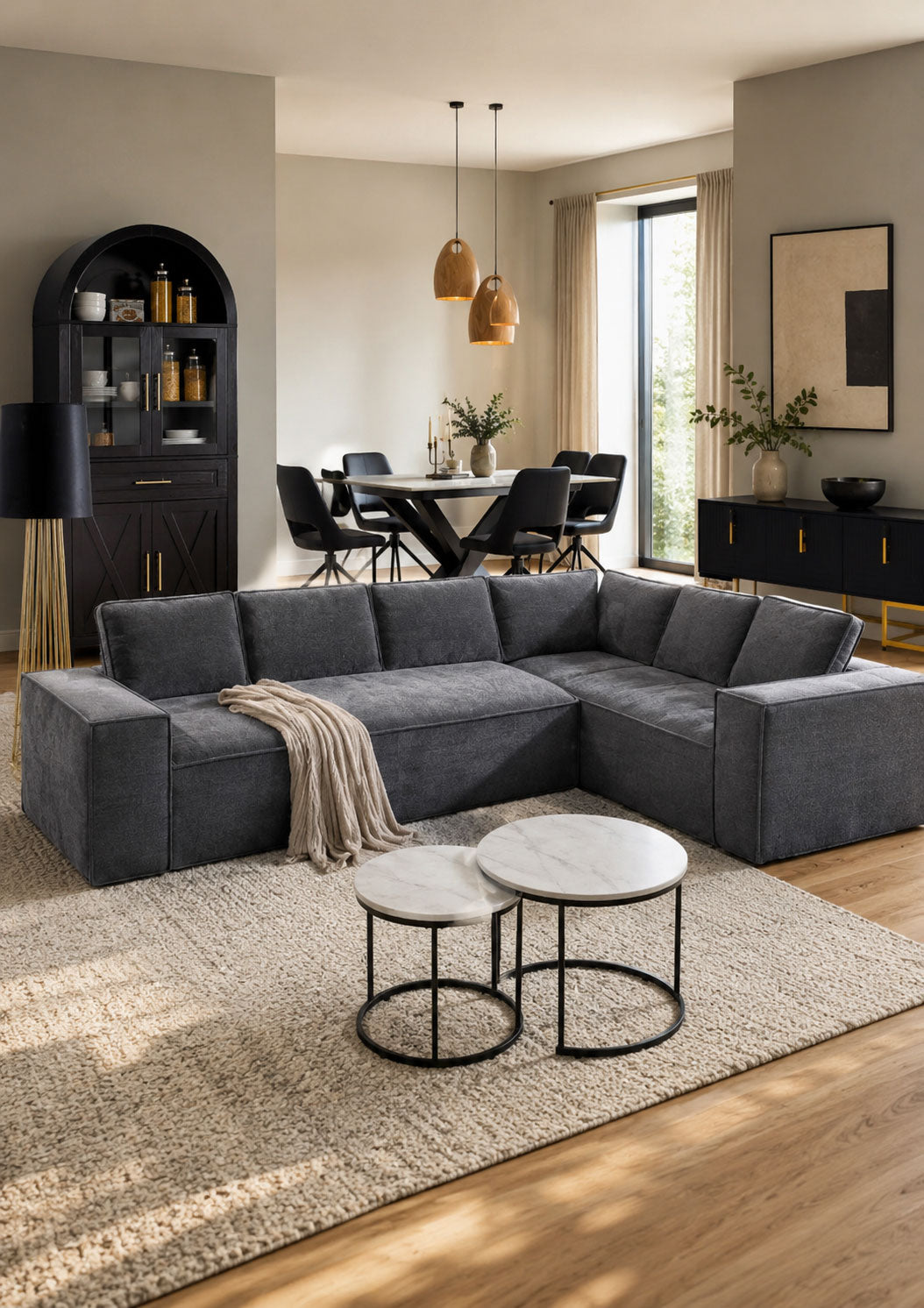 Modern living and dining furniture set with modular sectional sofa and dining table