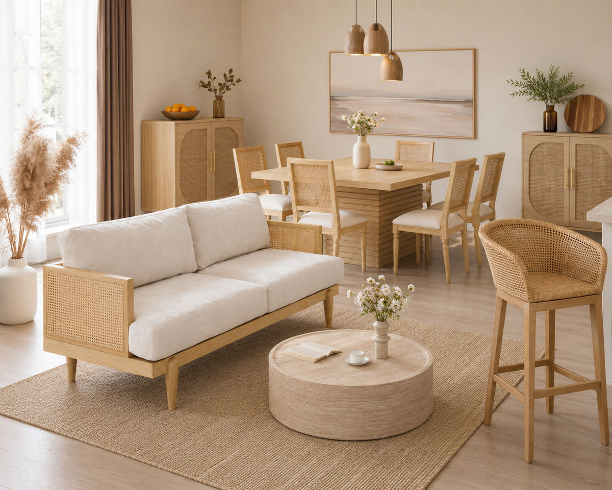 Natural rattan living and dining set with cane-arm sofa and dining table