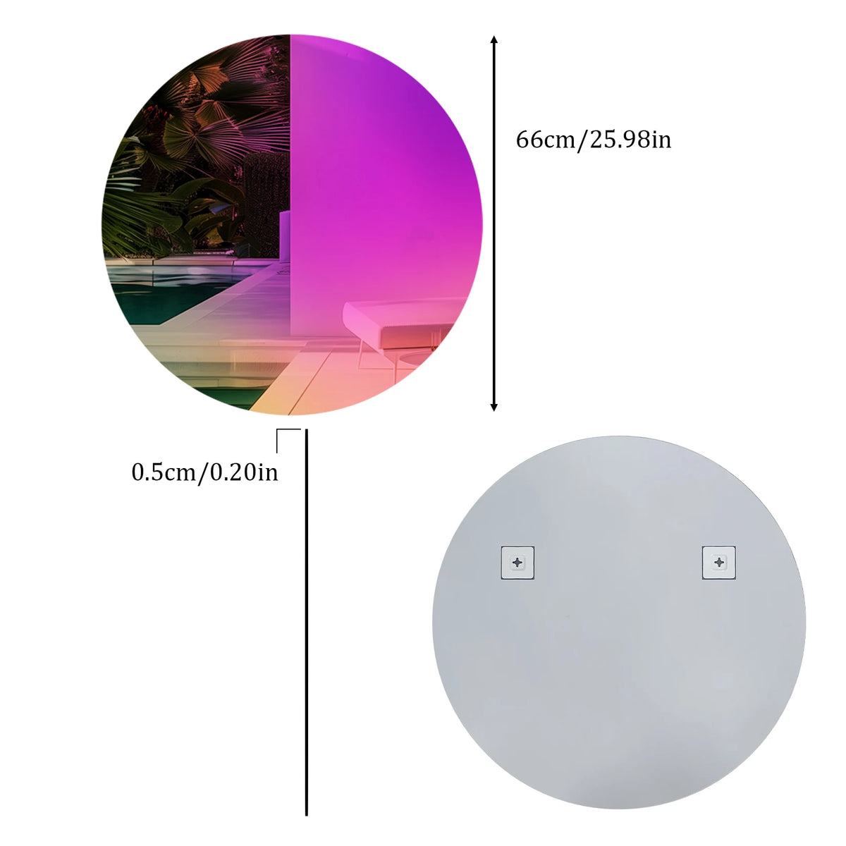 Mirror dimensions 66 cm diameter, 0.5 cm thick, with hanging hooks on the back