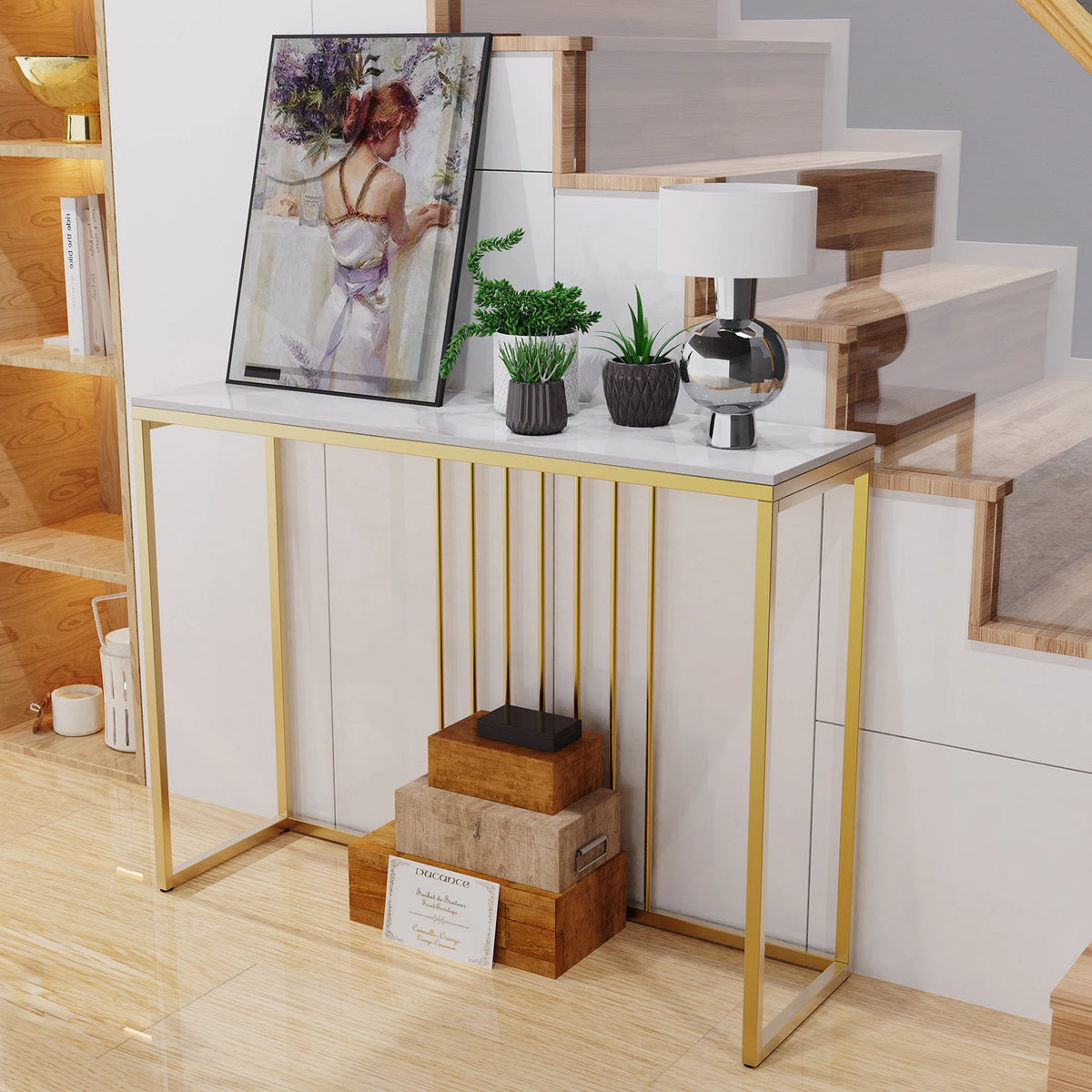 Gold console table by a staircase