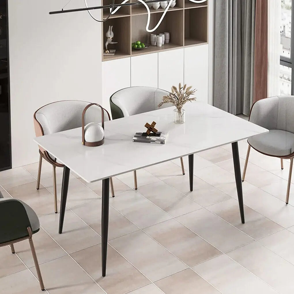 White sintered stone dining table with black metal legs