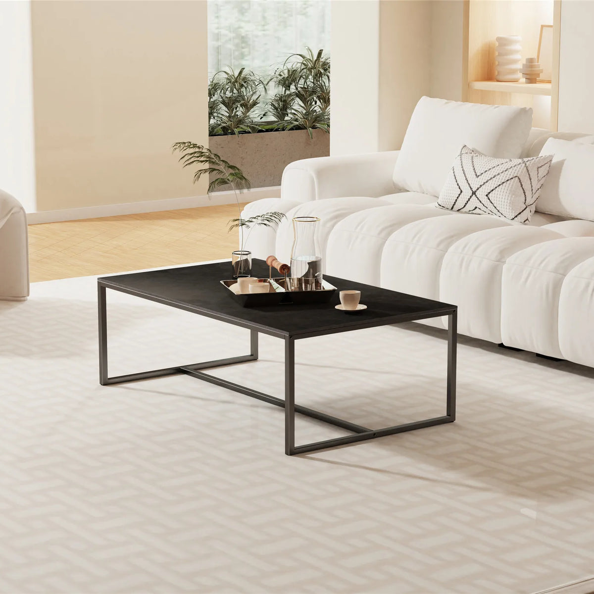 Sintered stone coffee table with black top in a living room
