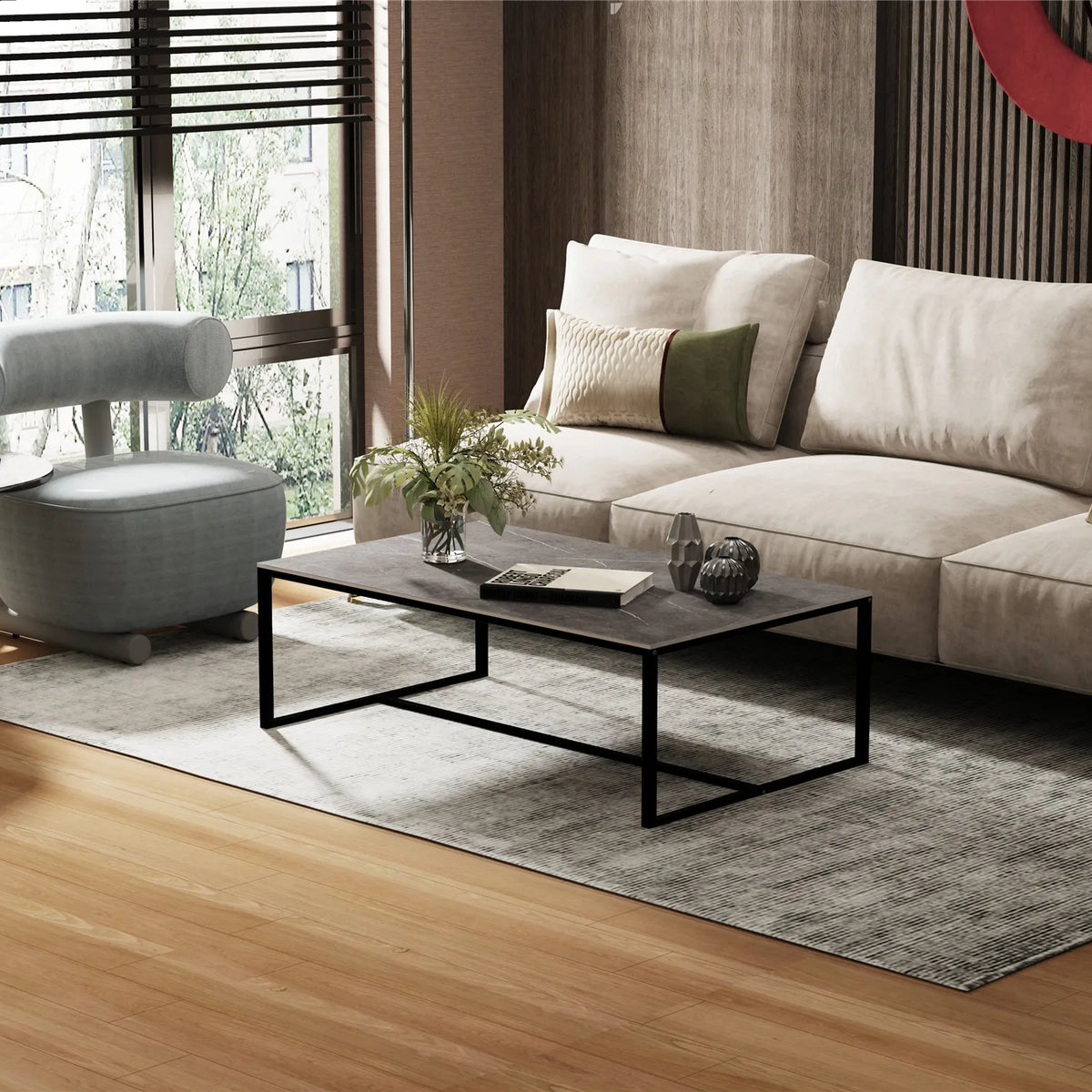 Rectangle stone coffee table in a modern living room