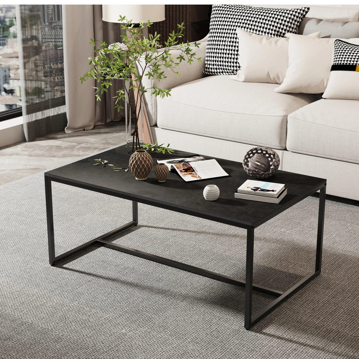 Black sintered stone rectangular coffee table in a living room