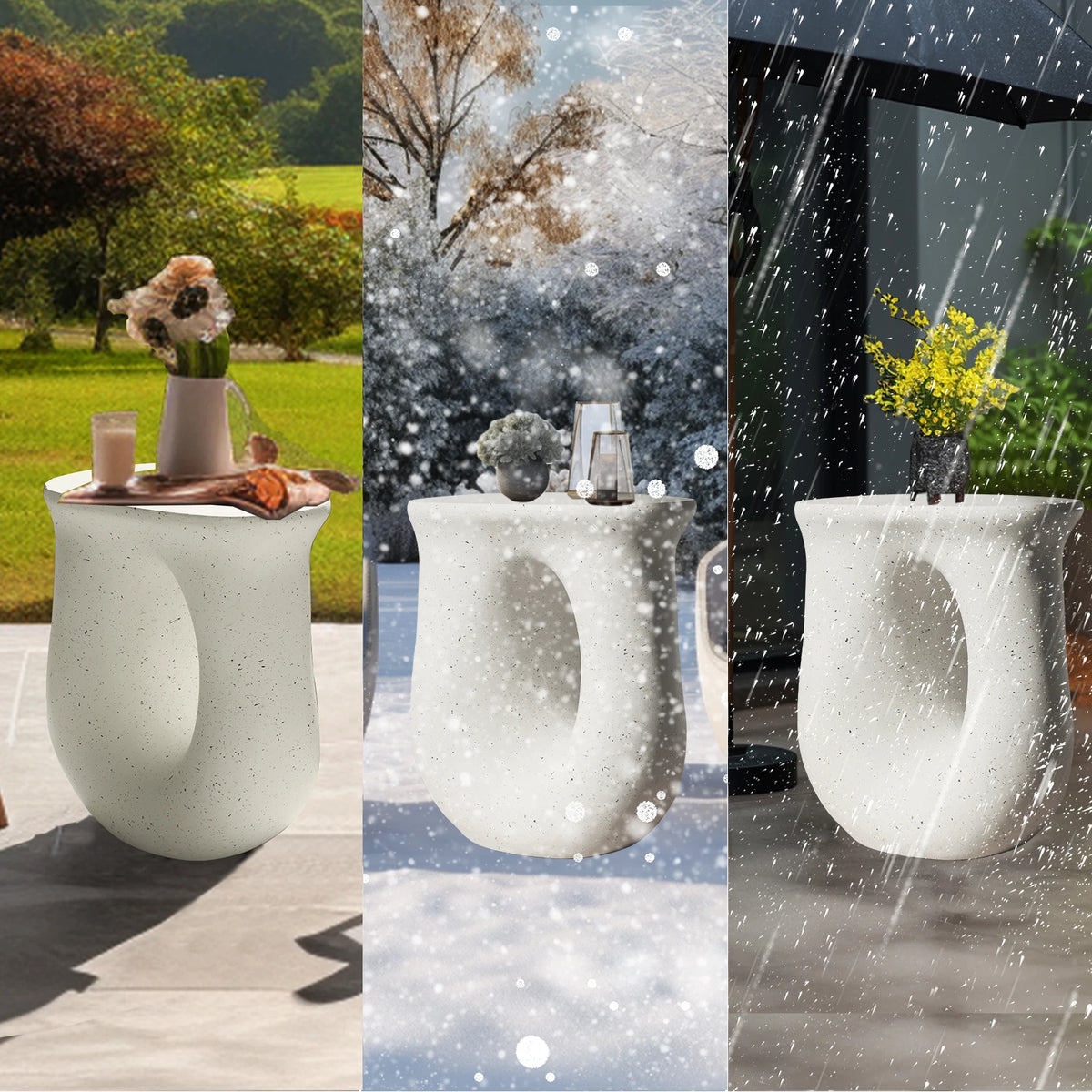 U-shaped concrete side table used outdoors