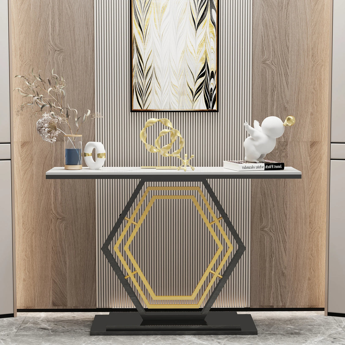47 inch hexagon console table with white sintered stone top and black and gold base
