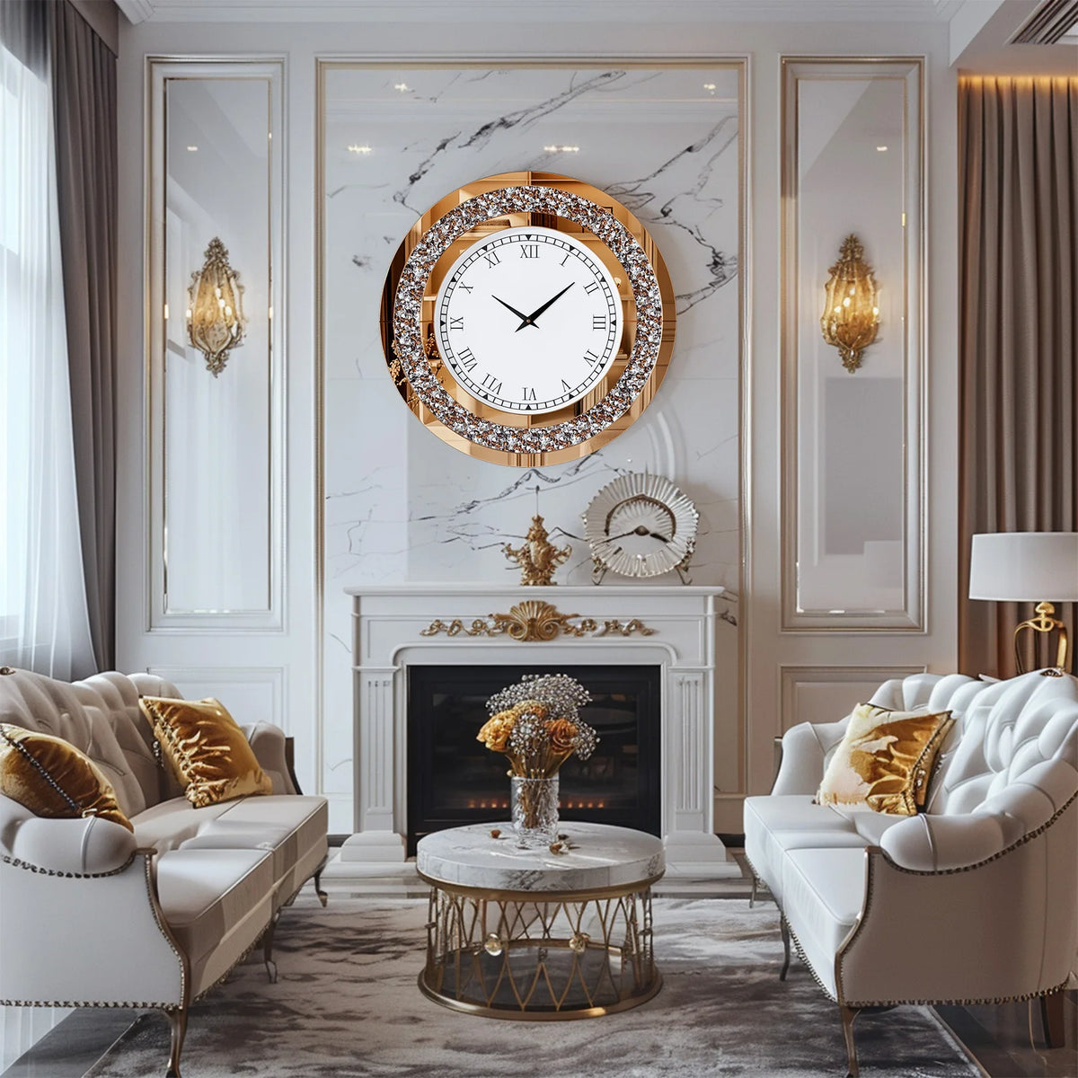Crystal mirror wall clock above a fireplace in a living room