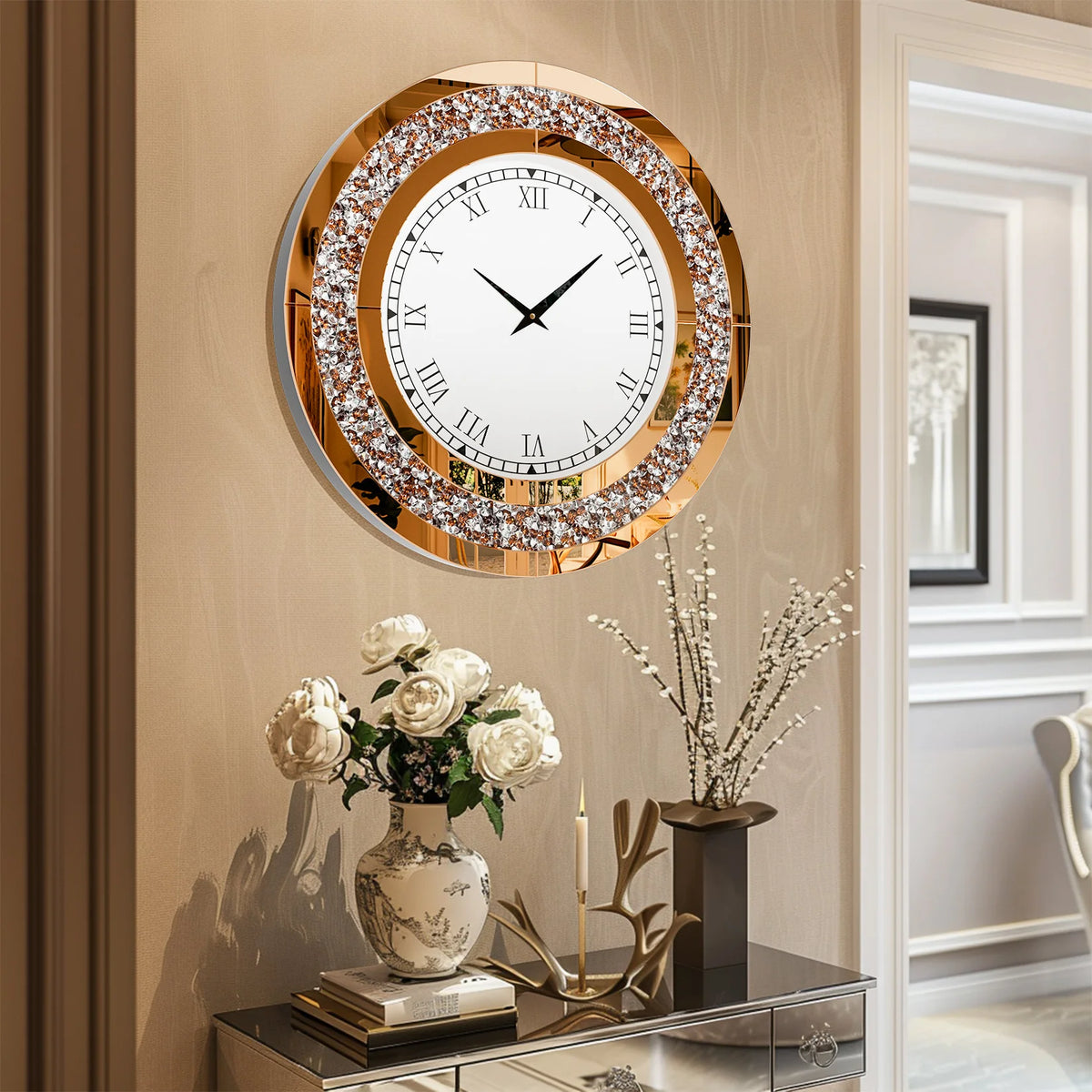 Crystal mirror wall clock, tawny tint