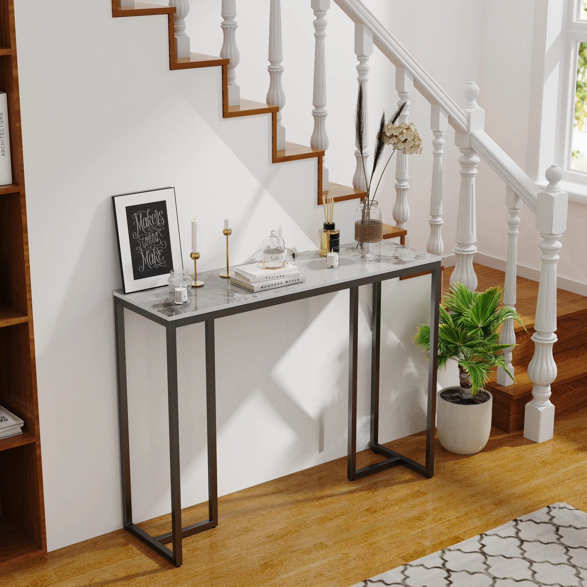 Stone top console table by a staircase
