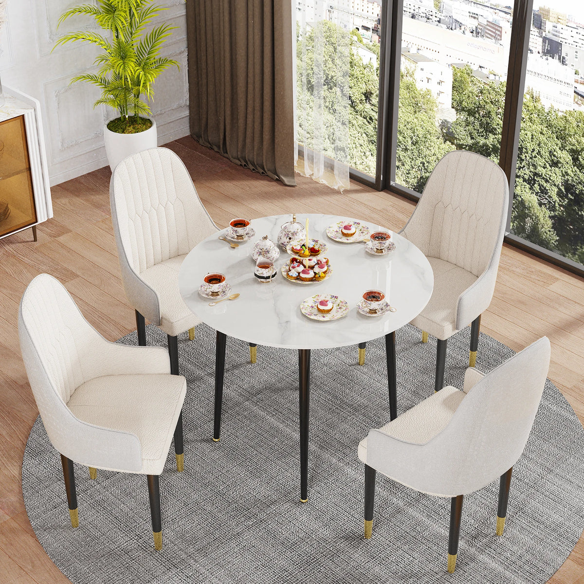 32 inch round white sintered stone dining table with black metal legs
