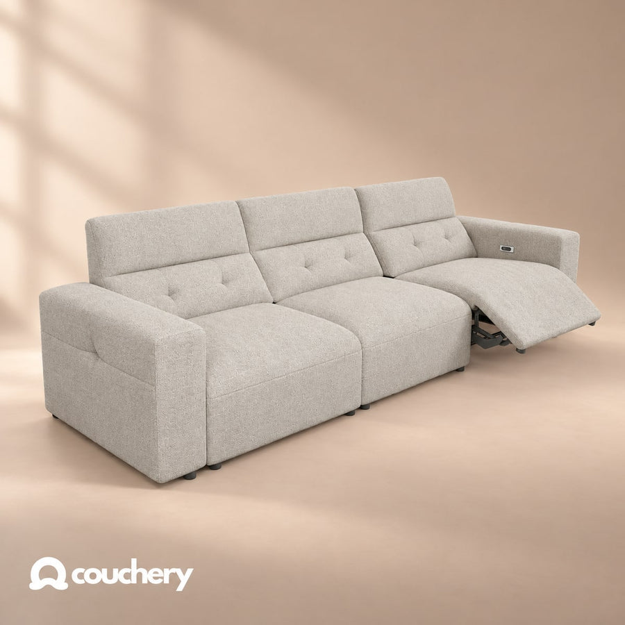 Serenity Recliner Sofa in Coconut performance upholstery, right recliner open