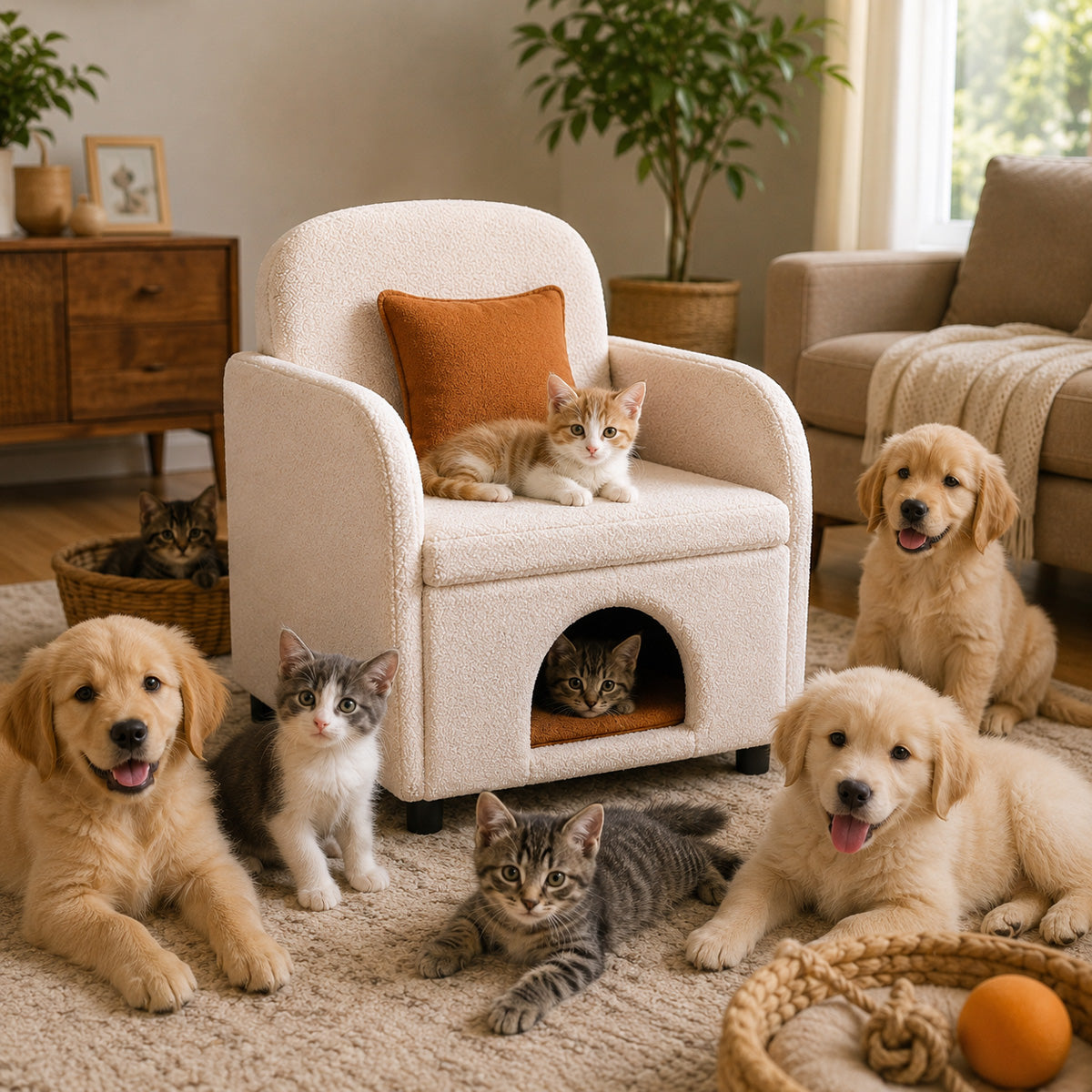 Cream sherpa pet-friendly accent armchair with hidden cat house and storage