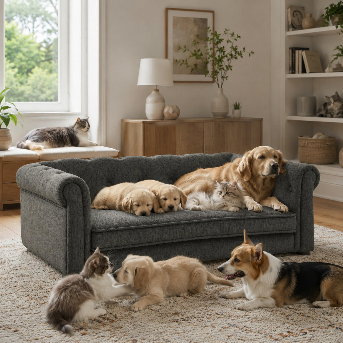 Chesterfield Pet Sofa, charcoal grey, tufted with zip-off washable cushion