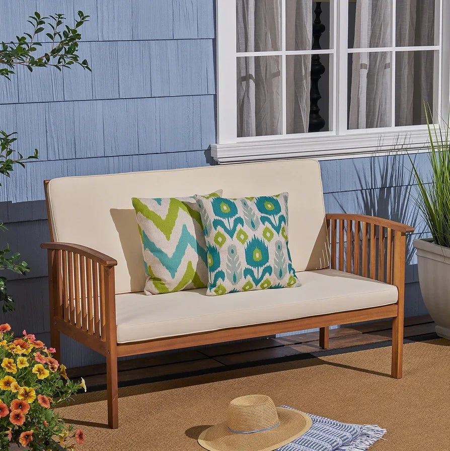 Eucalyptus Wood Outdoor Loveseat — Modern Garden Sofa with High-Density Foam Cushions (US Stock)