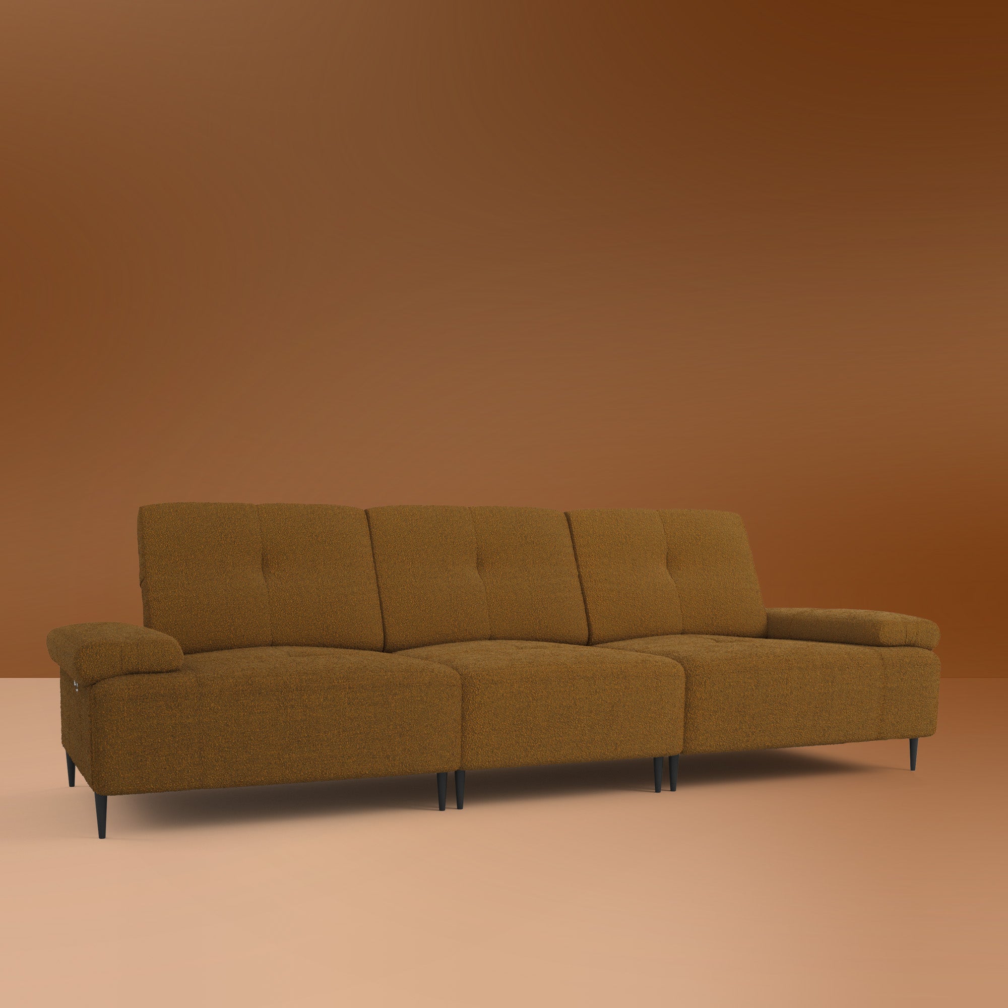 Cascade modular power recliner sofa with a low profile against a living room wall