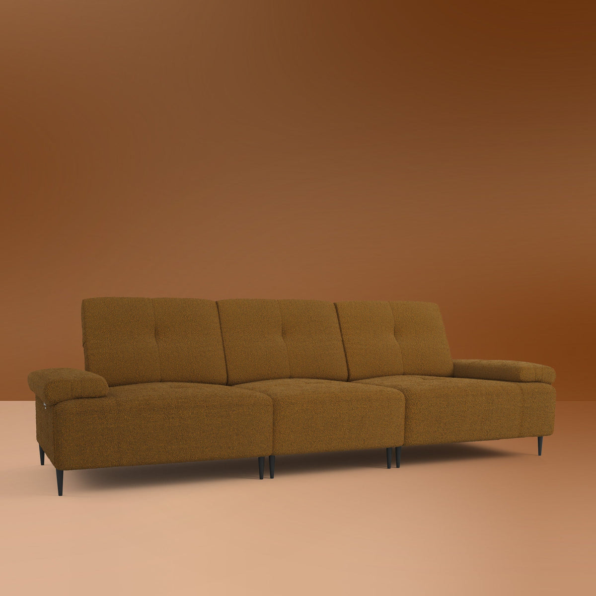 Cascade modular power recliner sofa with a low profile against a living room wall