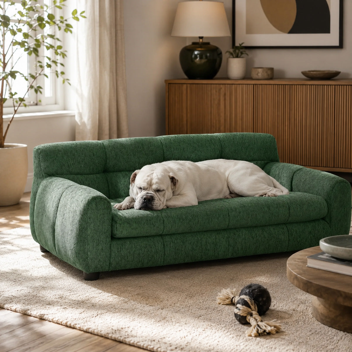 Modern dog sofa with backrest and armrests in forest green
